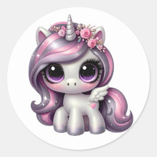 Pegatina Redonda Pink purpurina pony unicorn