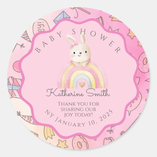 Pegatina Redonda pink rabbit cute baby shower (Anverso)
