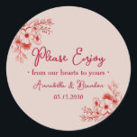 Pegatina Redonda Pink Red Floral Please Enjoy Wedding<br><div class="desc">Add a charming finishing touch to your wedding favors with this elegant pink and red floral Please Enjoy sticker. Featuring delicate line-art flowers, a romantic script font, and your custom names and date, this design is perfect for sealing treat bags, dessert boxes, welcome station gifts, or thank-you favors. The soft...</div>