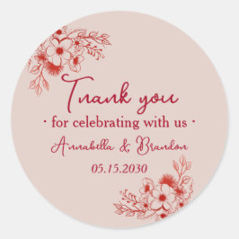 Pegatina Redonda Pink Red Floral Wedding Thank You
