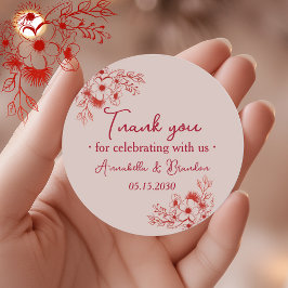 Pegatina Redonda Pink Red Floral Wedding Thank You