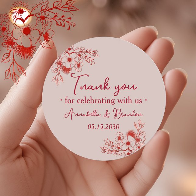 Pegatina Redonda Pink Red Floral Wedding Thank You (Subido por el creador)