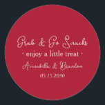 Pegatina Redonda Pink Red Grab & Go Wedding Snack<br><div class="desc">Add a charming touch to your wedding welcome station with this pink red “Grab & Go Snacks” sticker. Perfect for treat bags, snack cups, hydration stations, recovery kits, and wedding weekend favors. Designed in a bold berry red tone with elegant script lettering, it’s ideal for modern, romantic, spring, summer, and...</div>