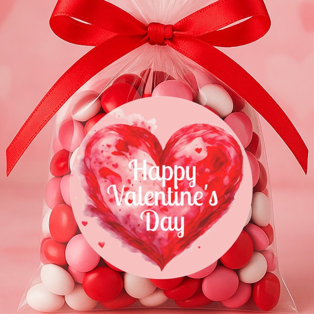 Pegatina Redonda Pink Red Heart Feliz Día de San Valentín (Red heart on pink "Happy Valentine's Day" sticker)