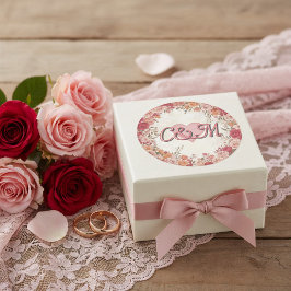 Pegatina Redonda Pink & Red Romantic Spring Floral Monogram Wedding