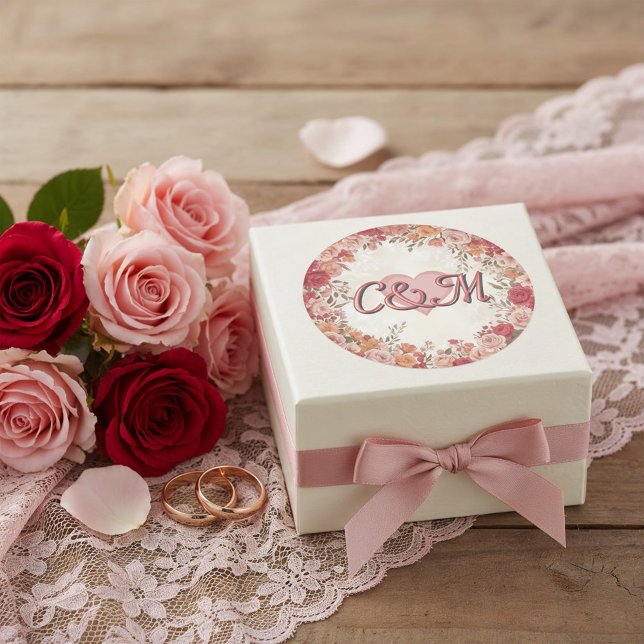 Pegatina Redonda Pink & Red Romantic Spring Floral Monogram Wedding (Subido por el creador)