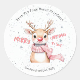 Pegatina Redonda Pink Reindeer Christmas