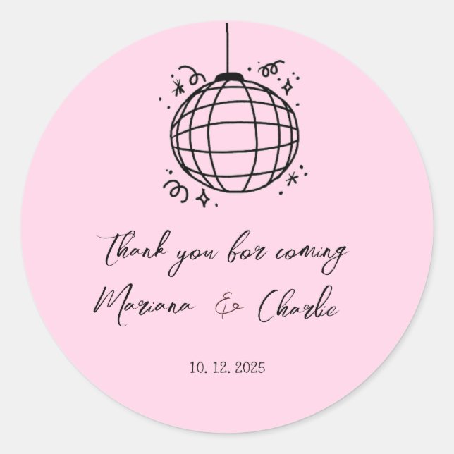 Pegatina Redonda Pink Retro Hand Drawn Disco Ball Illustration  (Anverso)