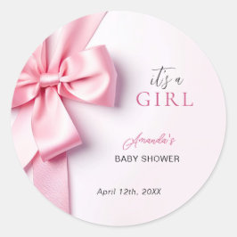 Pegatina Redonda Pink Ribbon Bow Baby Shower It's a Girl