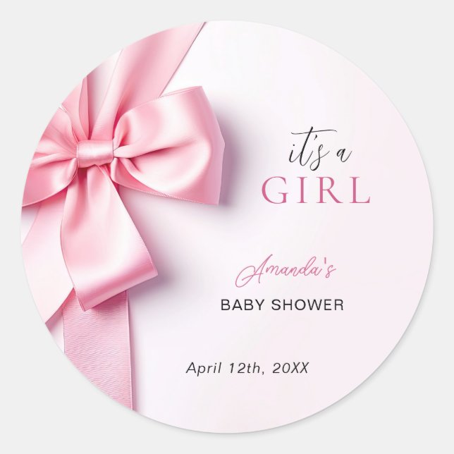 Pegatina Redonda Pink Ribbon Bow Baby Shower It's a Girl (Anverso)