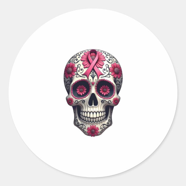 Pegatina Redonda Pink Ribbon Sugar Skull Calavera Breast Cancer Awa (Anverso)
