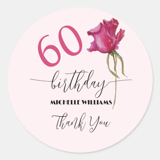 Pegatina Redonda Pink Rose Watercolor Art Calligraphy Cumpleaños (Anverso)