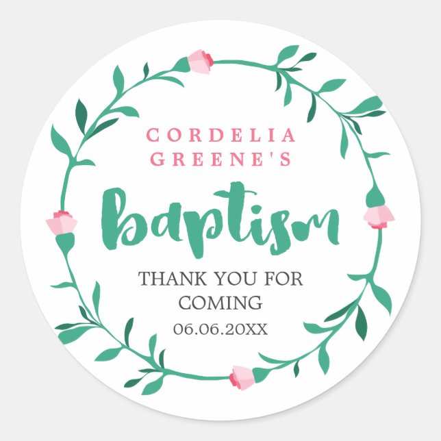 Pegatina Redonda Pink Rosebud Wreath | Gracias Bautismo (Anverso)