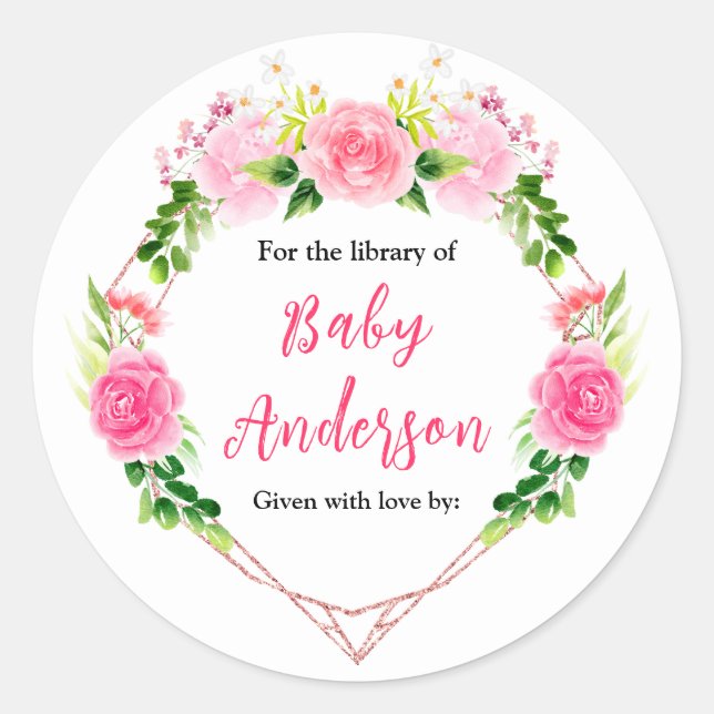 Pegatina Redonda Pink Roses Floral Baby Shower Bookplate (Anverso)