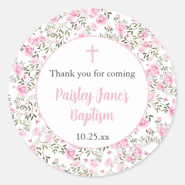 Pegatina Redonda Pink Roses Girl baptism thank you sticker (Anverso)
