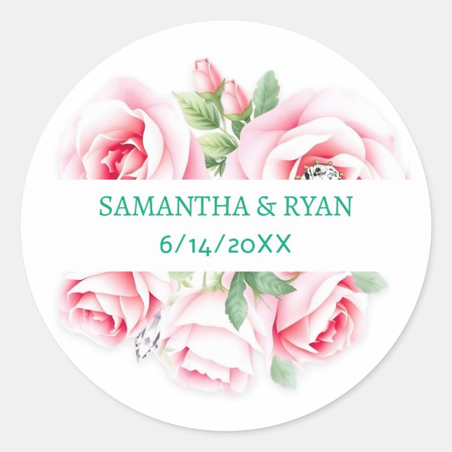 Pegatina Redonda Pink Roses & Green Foliage Wedding Personalized (Anverso)