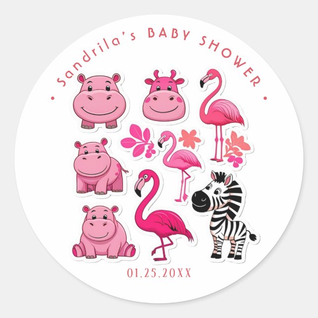 Pegatina Redonda Pink Safari Animals Theme Girl Birthday Party  (Anverso)