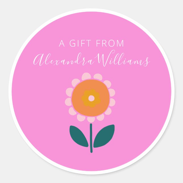 Pegatina Redonda Pink Scandinavian Flower Personalized A Gift From (Anverso)