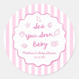 Pegatina Redonda Pink Sea You Soon Baby Coastal Baby Shower