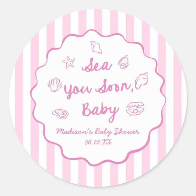 Pegatina Redonda Pink Sea You Soon Baby Coastal Baby Shower (Anverso)