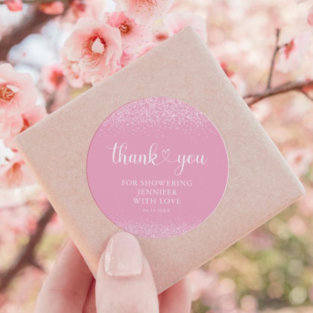 Pegatina Redonda Pink Sparkle Thank You Heart Script Sticker (Subido por el creador)