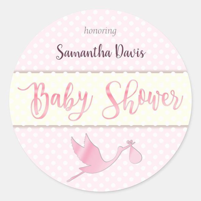 Pegatina Redonda Pink Stork Baby Baby Shower (Anverso)