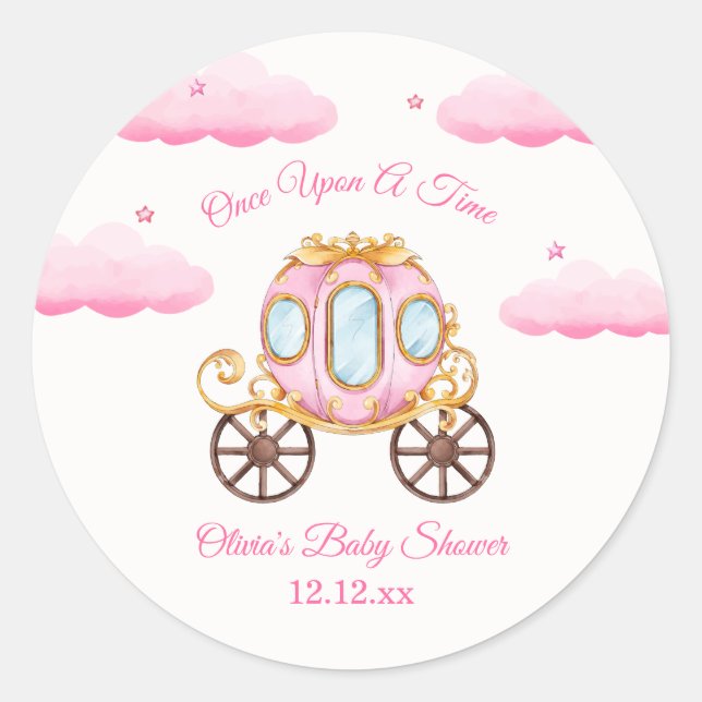Pegatina Redonda Pink Sweet Fairy Princess Carriage Baby Shower  (Anverso)