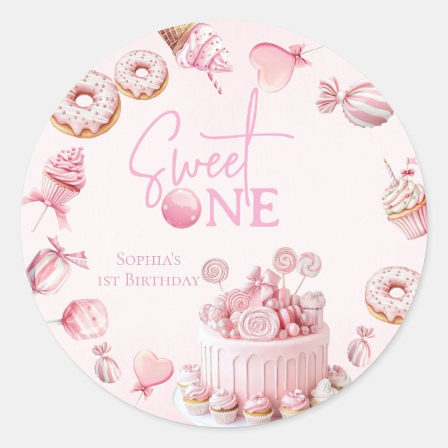 Pegatina Redonda Pink Sweet One Round Favor Stickers (Anverso)