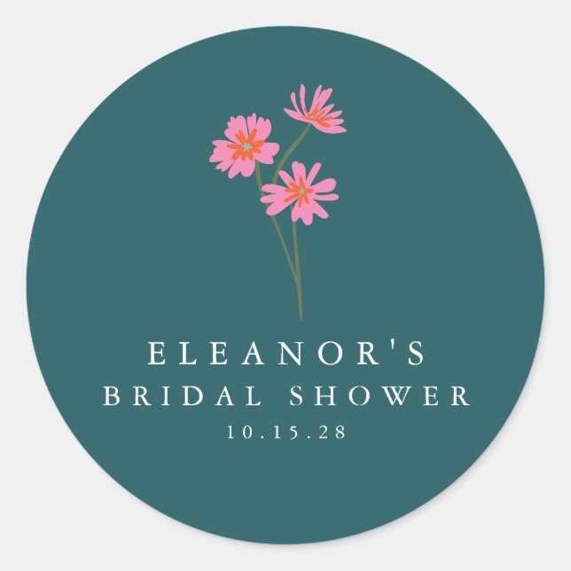 Pegatina Redonda Pink Teal Verde Flores Boho Ducha Nupcial Personal (Anverso)