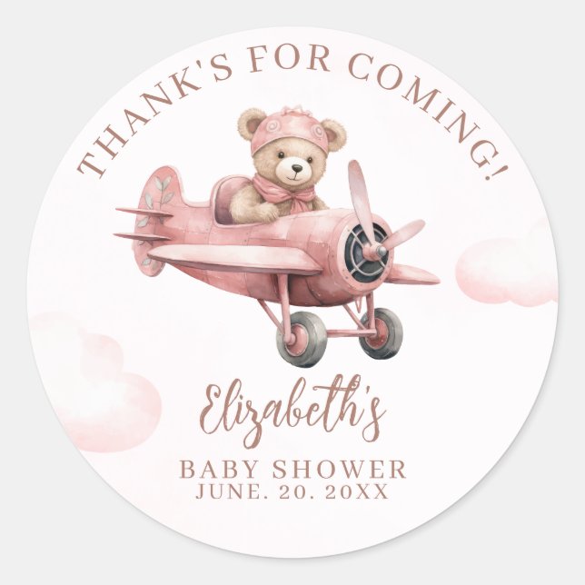 Pegatina Redonda Pink Teddy Bear Baby Girl Shower (Anverso)
