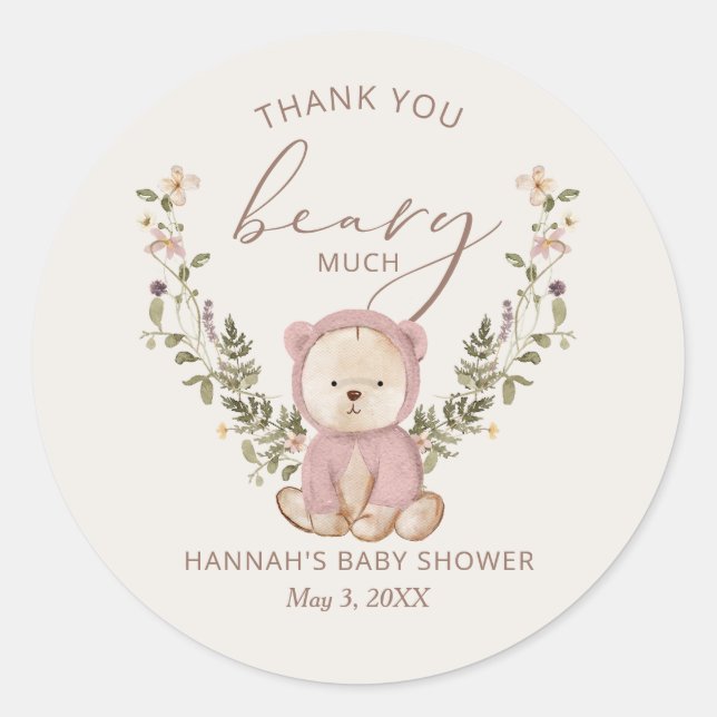 Pegatina Redonda Pink Teddy Bear Baby Shower Favor (Anverso)
