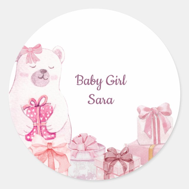 Pegatina Redonda Pink Teddy Bear Baby Shower Favor Sticker (Anverso)