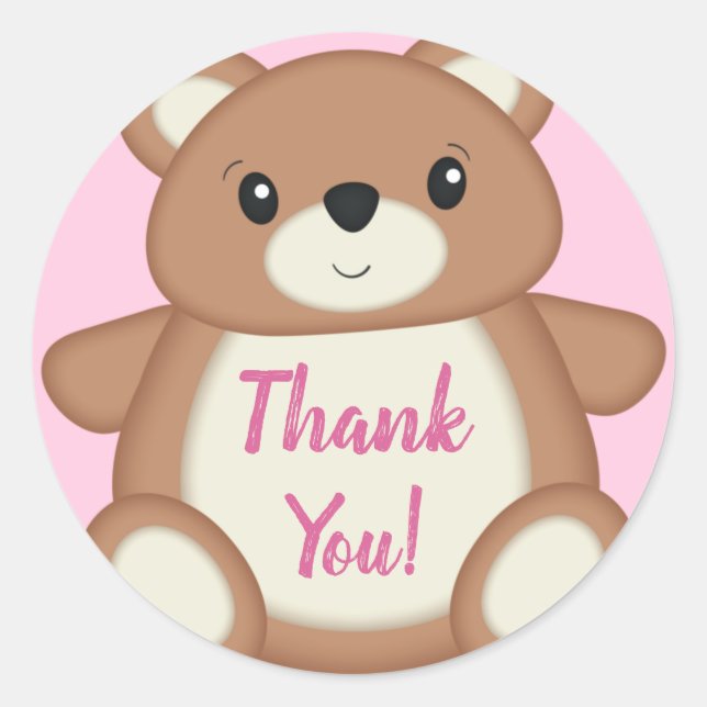 Pegatina Redonda Pink Teddy Bear Baby Shower Gracias (Anverso)
