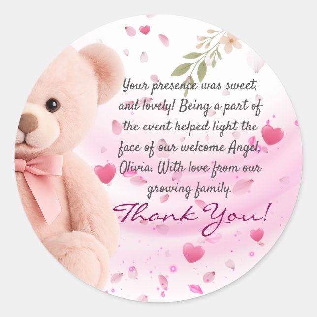 Pegatina Redonda Pink Teddy Bear Baby Shower Thank You Sticker (Anverso)
