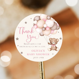 Pegatina Redonda Pink Teddy Bear Balloon Bearly Wait Baby Shower