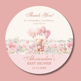 Pegatina Redonda Pink Teddy Girl Christian Baby Shower Thank You