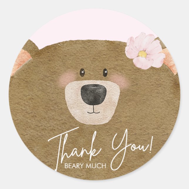 Pegatina Redonda Pink Teddy Podemos Bear Esperar Chica Baby Shower (Anverso)
