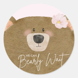Pegatina Redonda Pink Teddy Podemos Bear Esperar Chica Baby Shower