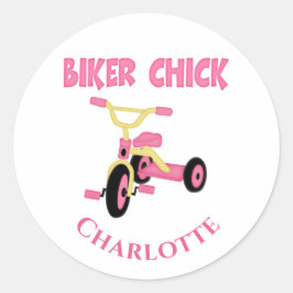 Pegatina Redonda Pink Tricycle Biker Chick