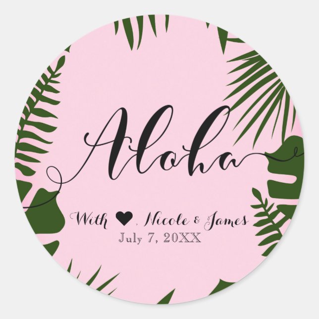 Pegatina Redonda Pink Tropical Green Leaves Beach Wedding ALOHA (Anverso)