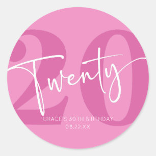 Pegatina Redonda Pink Twenty 200th Birthday Party Favor