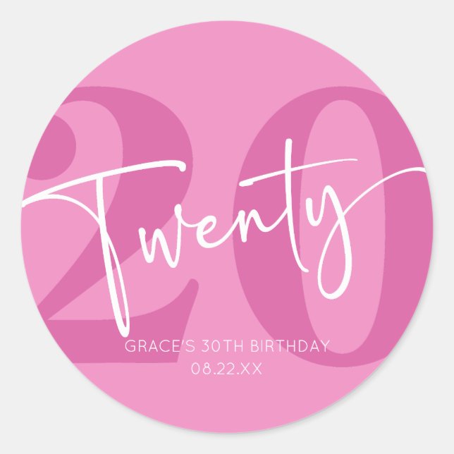 Pegatina Redonda Pink Twenty 200th Birthday Party Favor (Anverso)