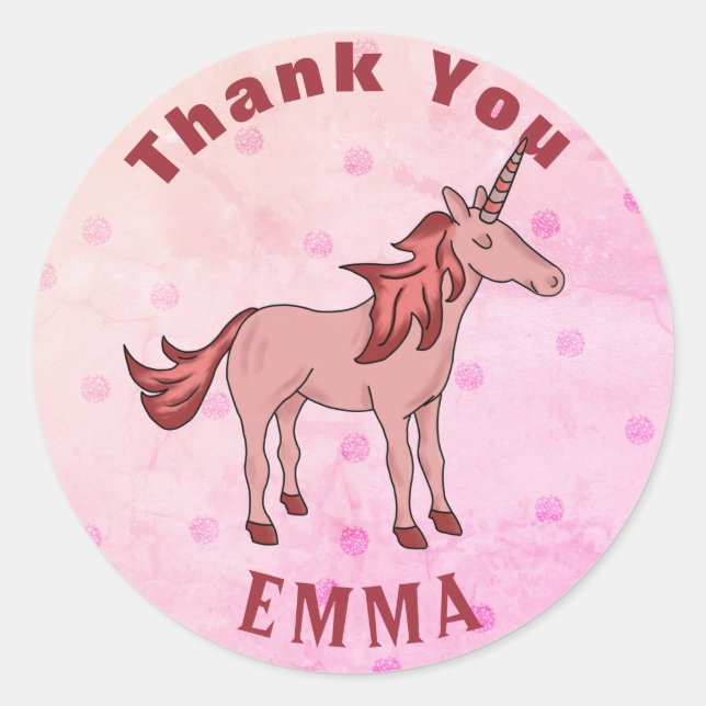 Pegatina Redonda Pink Unicorn Gracias Nombre (Anverso)