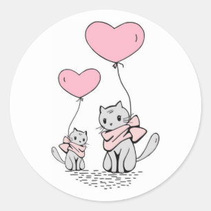 PEGATINA REDONDA PINK VALENTINE HEART BALLOONES CON KITTENS GRIS