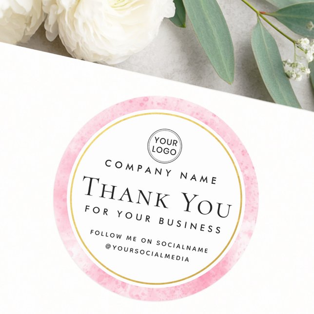 Pegatina Redonda Pink watercolor custom logo business thank you (Pink watercolor custom logo business thank you classic round sticker)