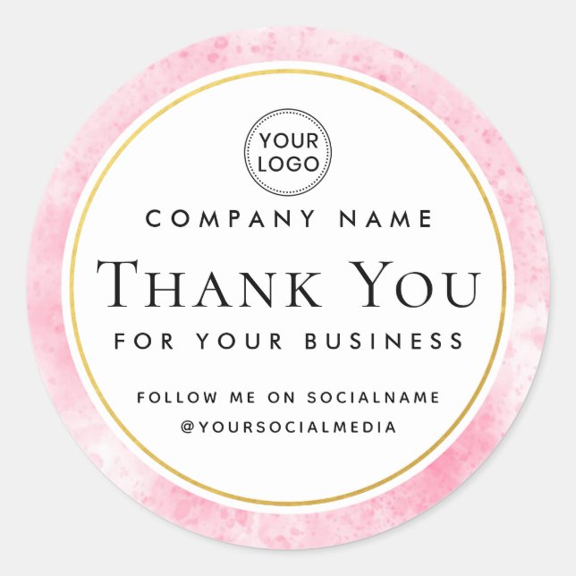 Pegatina Redonda Pink watercolor custom logo business thank you (Anverso)
