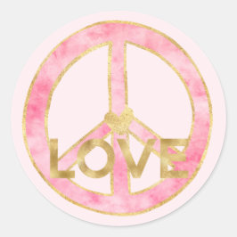 Pegatina Redonda Pink Watercolor Oro Signo de Paz Amor al Corazón