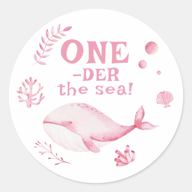 Pegatina Redonda Pink Whale Oneder The Sea 1st Birthday  (Anverso)