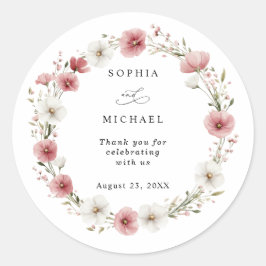 Pegatina Redonda Pink Wild Flowers Wedding Sticker