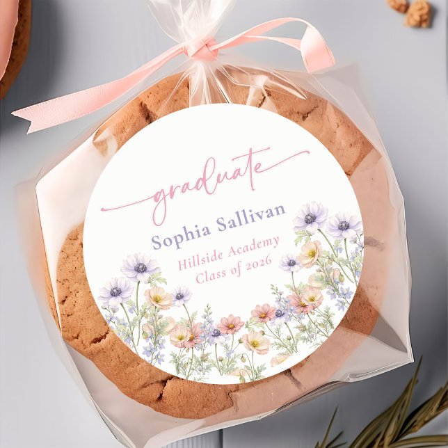 Pegatina Redonda Pink Wildflower Bloom Graduation Party (Subido por el creador)